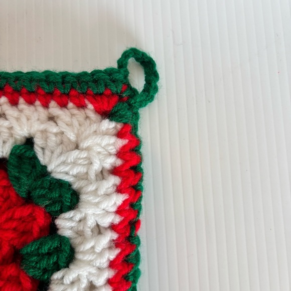 Vintage Crochet Granny Square Christmas Holiday Stocking White Red Green - Picture 3 of 6
